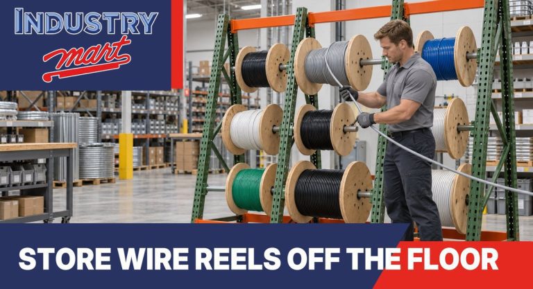 Warehouse worker pulling cable from a reel on a green and orange cable reel storage rack