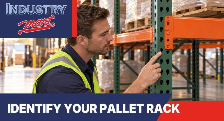 Warehouse worker checking the teardrop holes on a green pallet rack upright with orange beams
