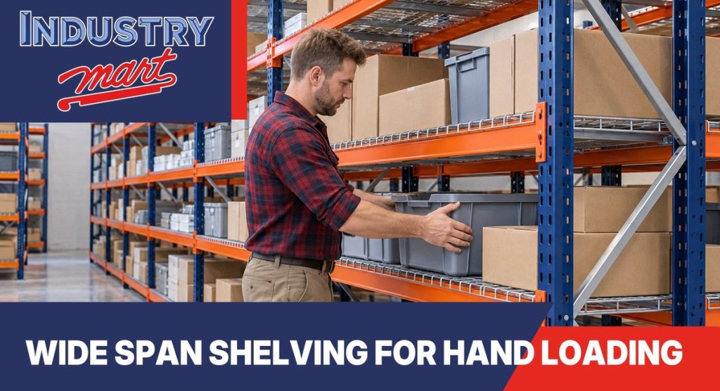 Warehouse worker placing a bin on a blue and orange wide span shelving unit by hand